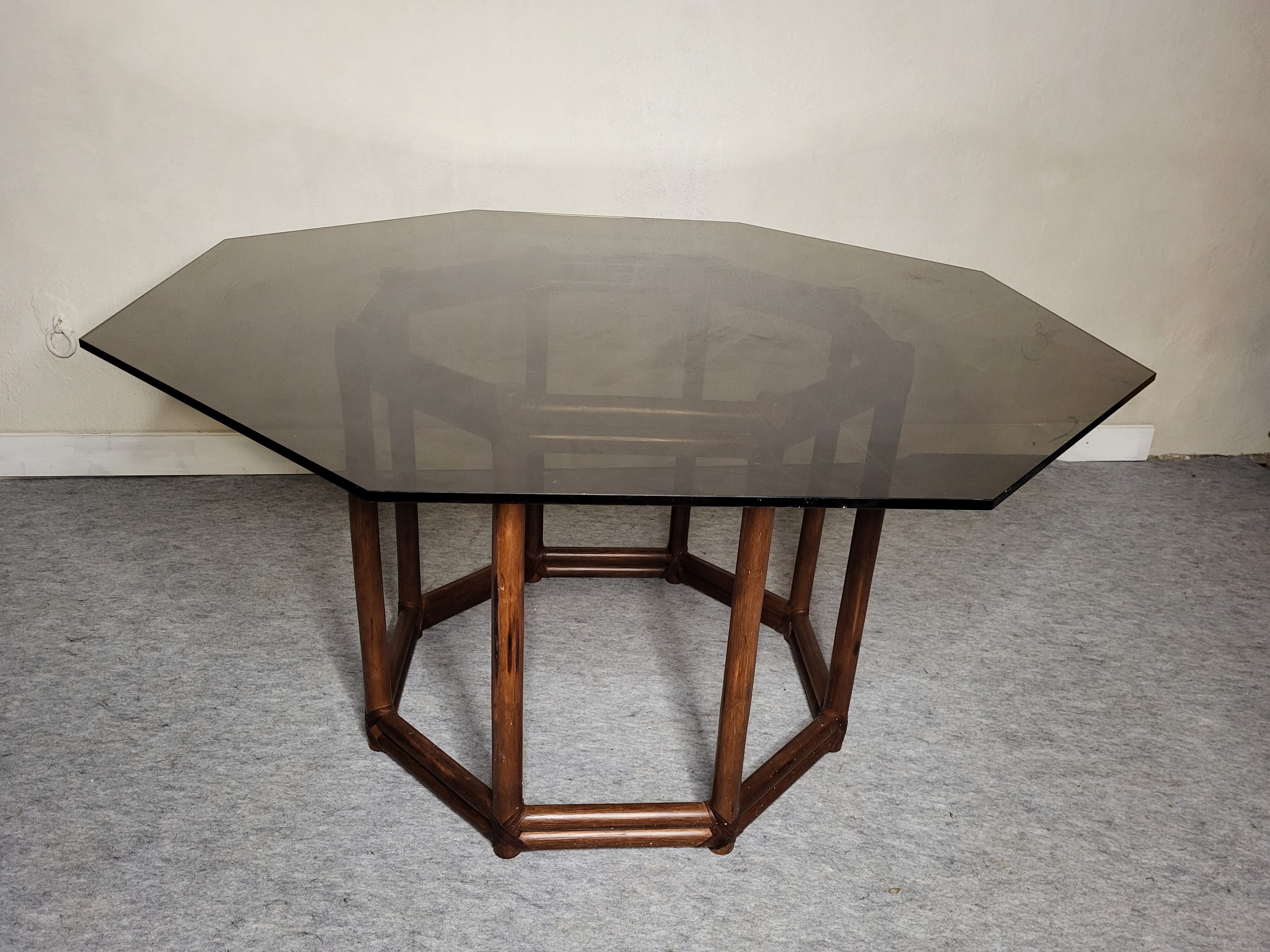 Wood table bamboo style smoked glass 70s