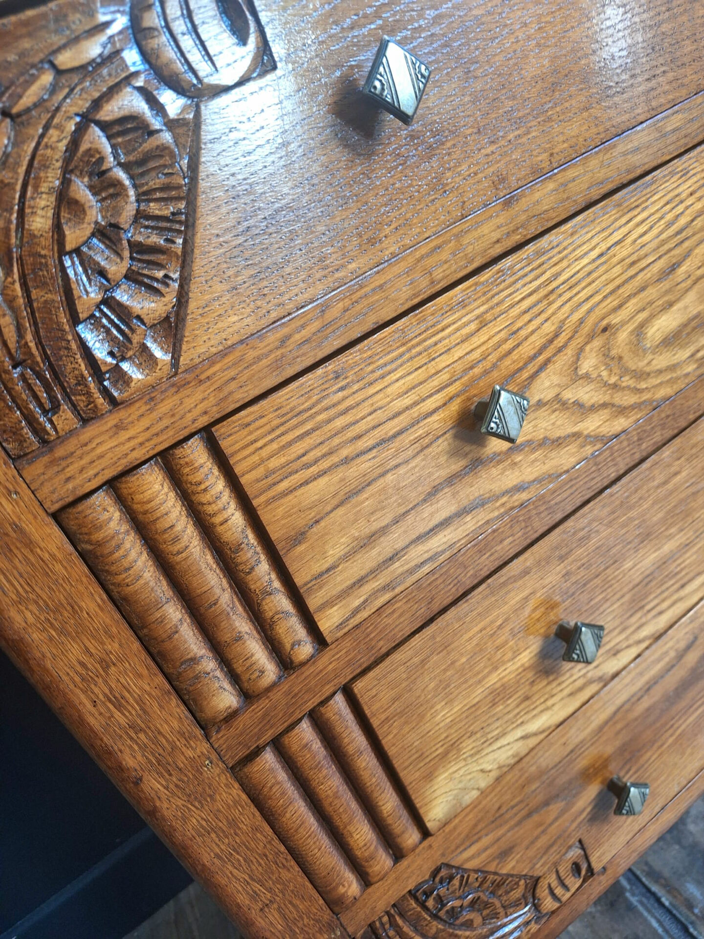 Art Deco commode with marble top, vintage antique furniture.