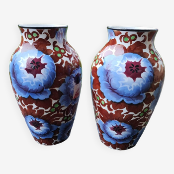 Pair of Villeroy and Boch art deco vases with floral decor
