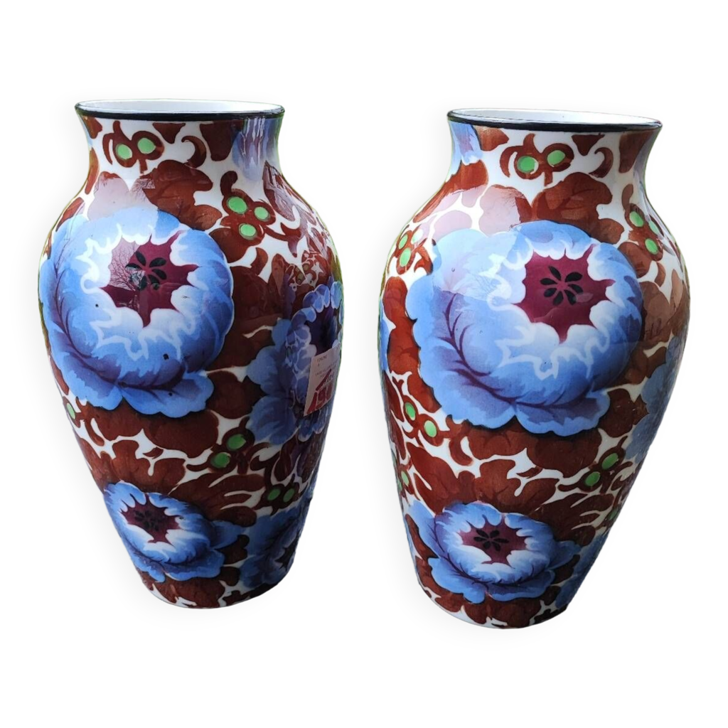 Paire de vases art déco Villeroy et boch décor floral Selency