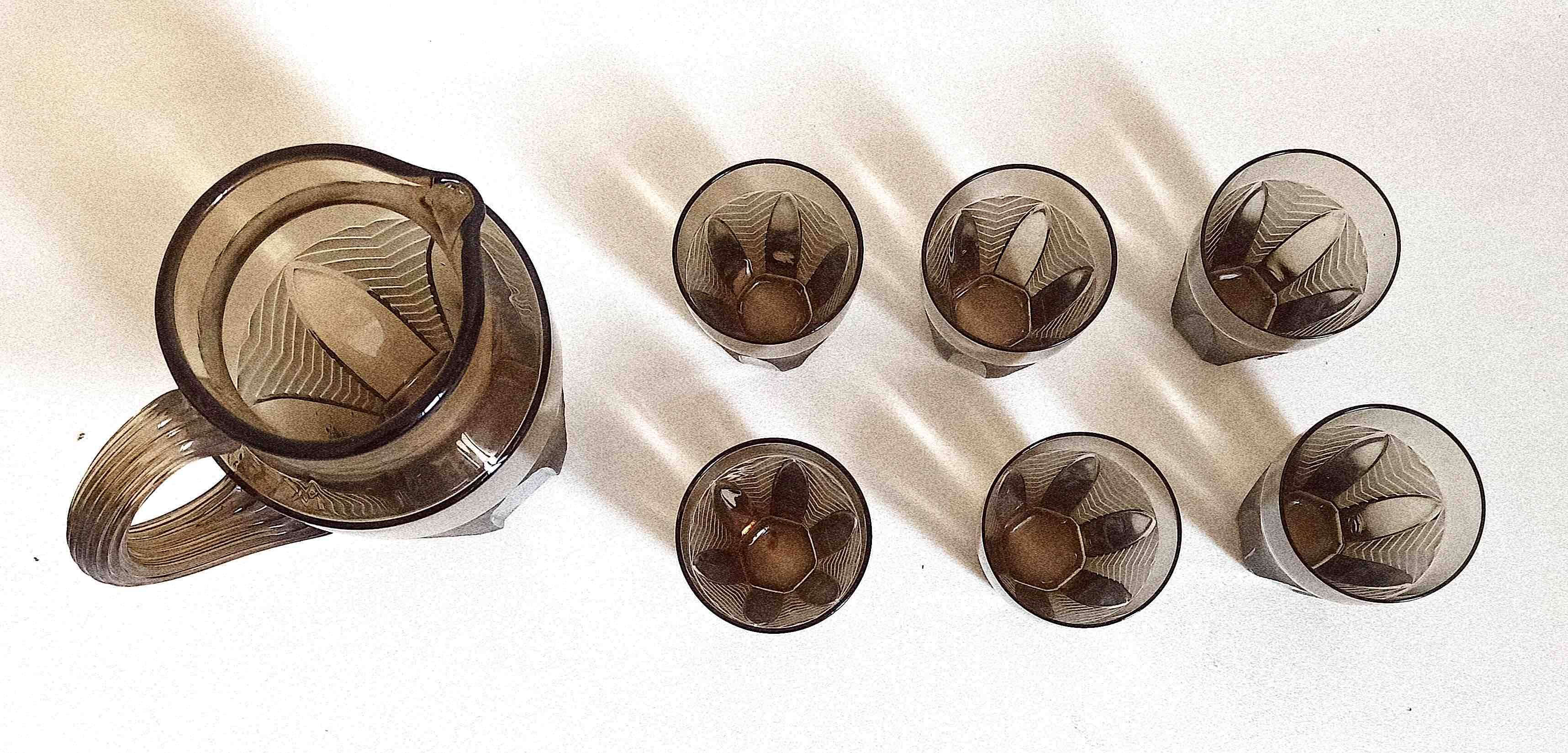 Orangeade or lemonade service Pitcher + 6 Art Deco glasses