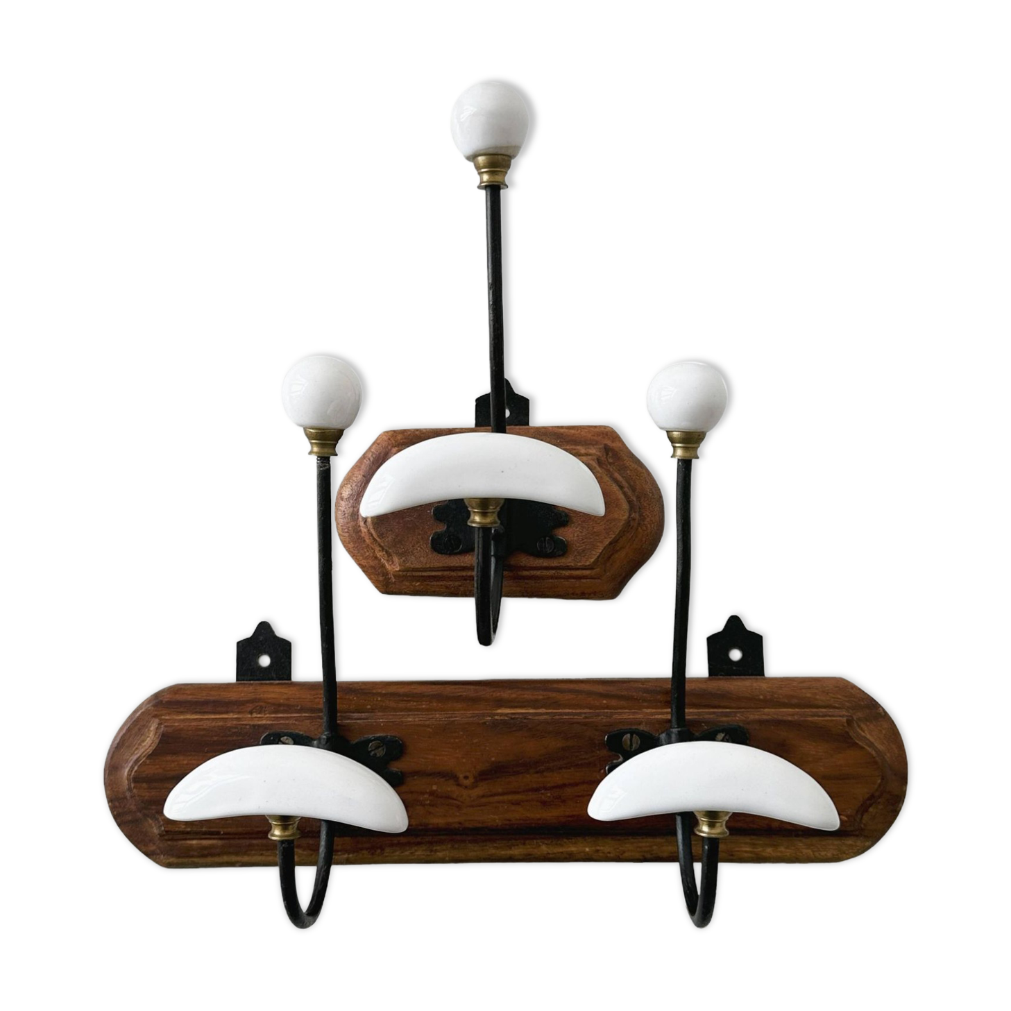 Set of two wooden and porcelain coat hooks