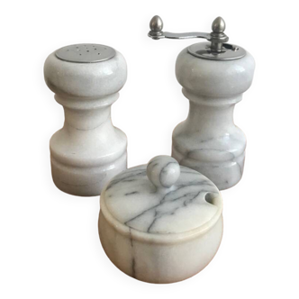 Vintage white marble salt/pepper/mustard shaker set