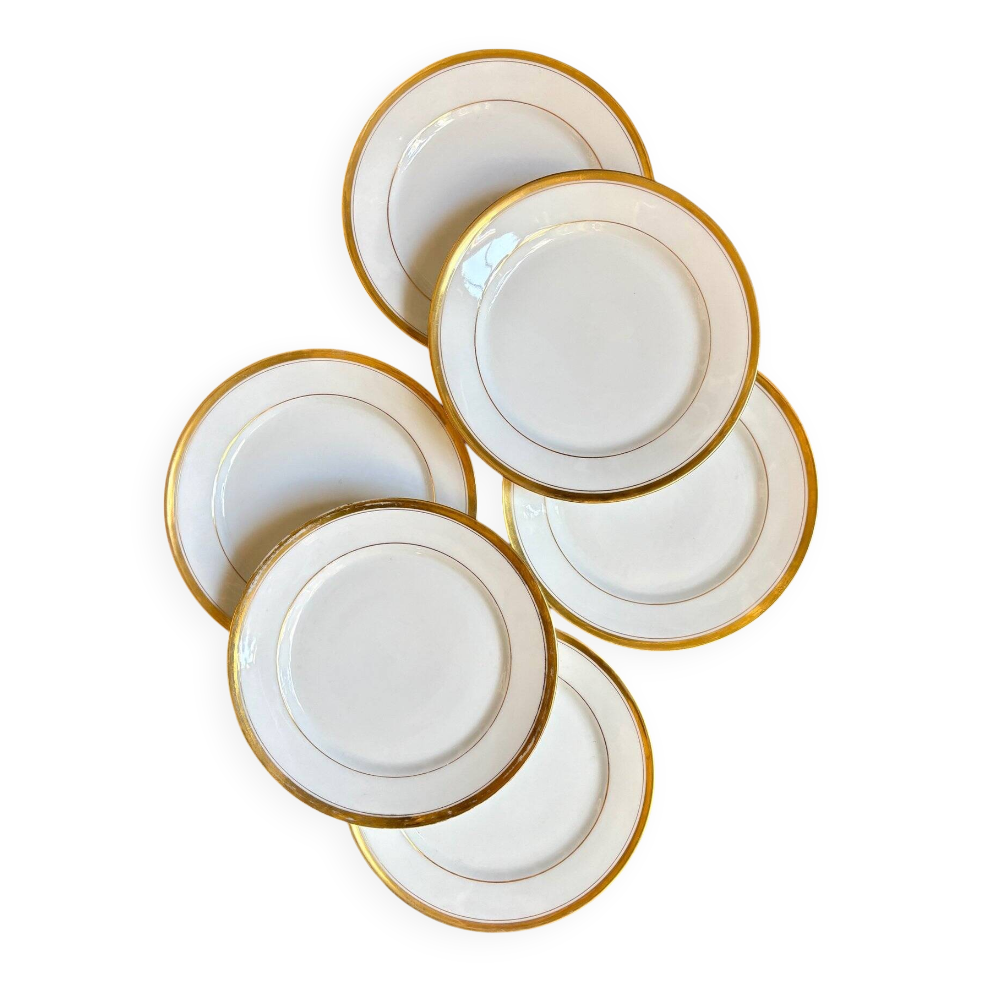 6 white and gold porcelain dessert plates