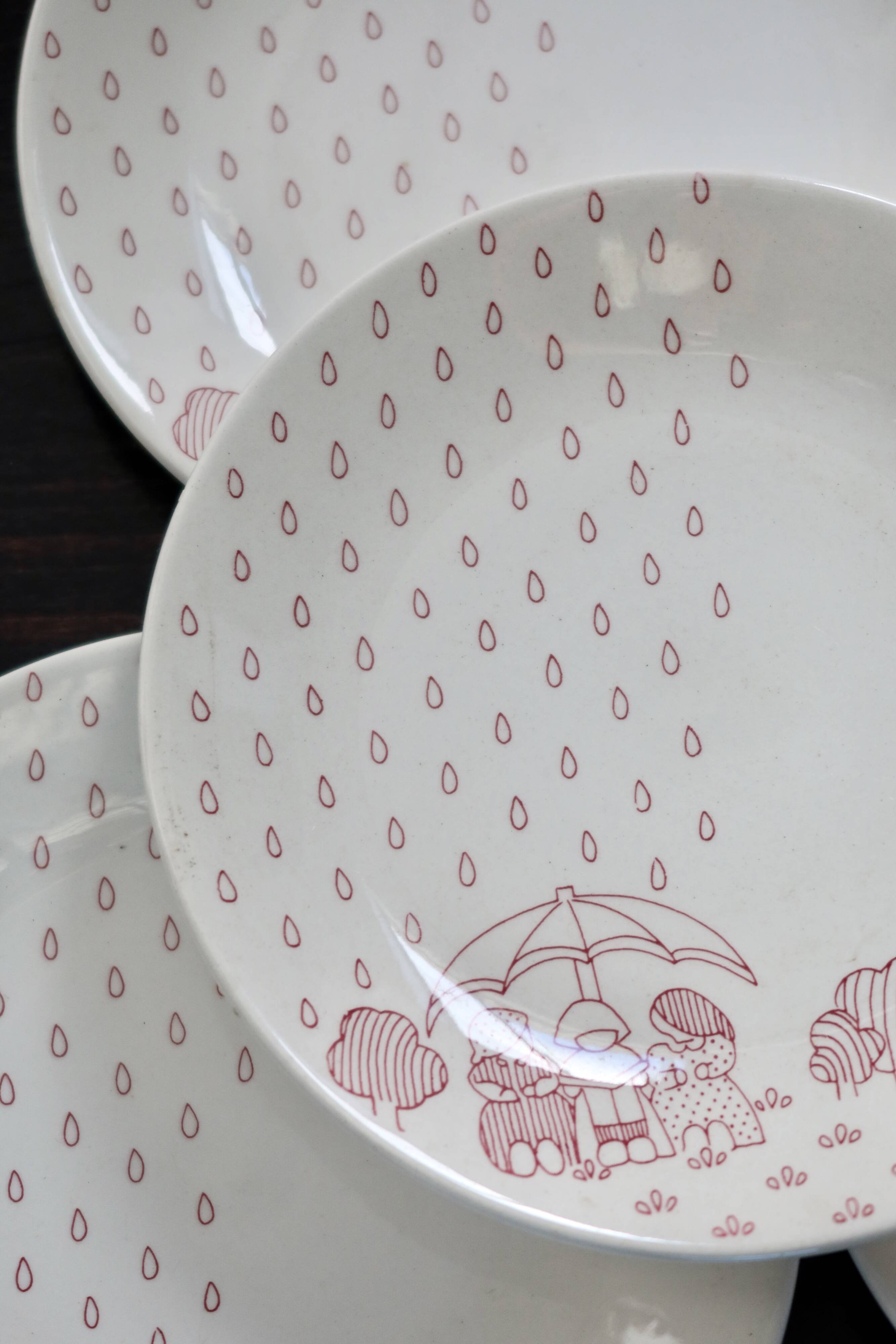 4 vintage dessert plates Sarreguemines - White earthenware with red pattern n