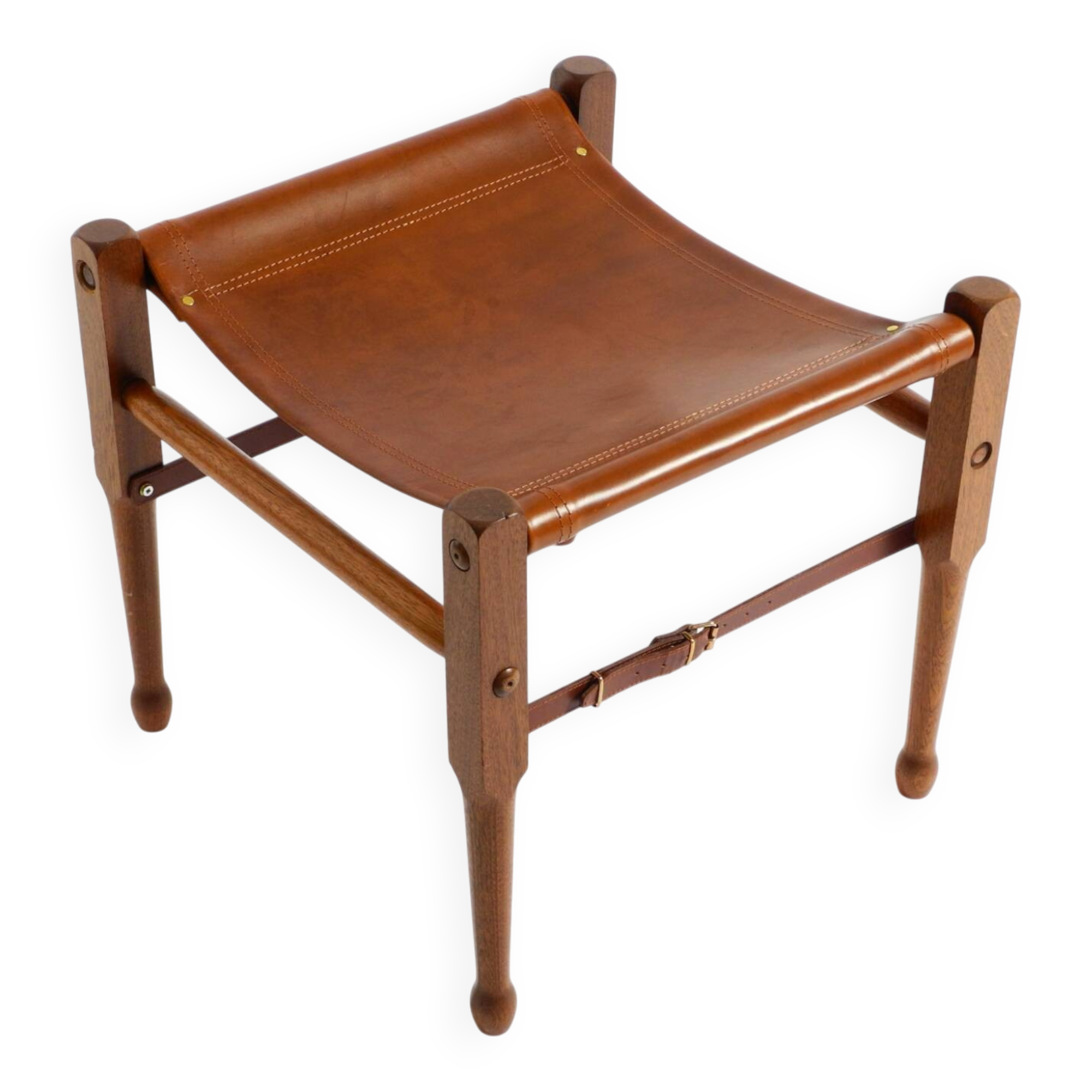 Rare 1990s safari stool with a teak frame and a seat made of brown saddle l