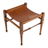 Rare 1990s safari stool with a teak frame and a seat made of brown saddle l
