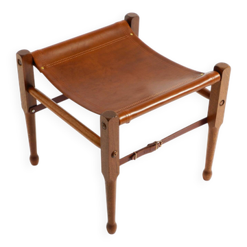 Rare 1990s safari stool with a teak frame and a seat made of brown saddle l