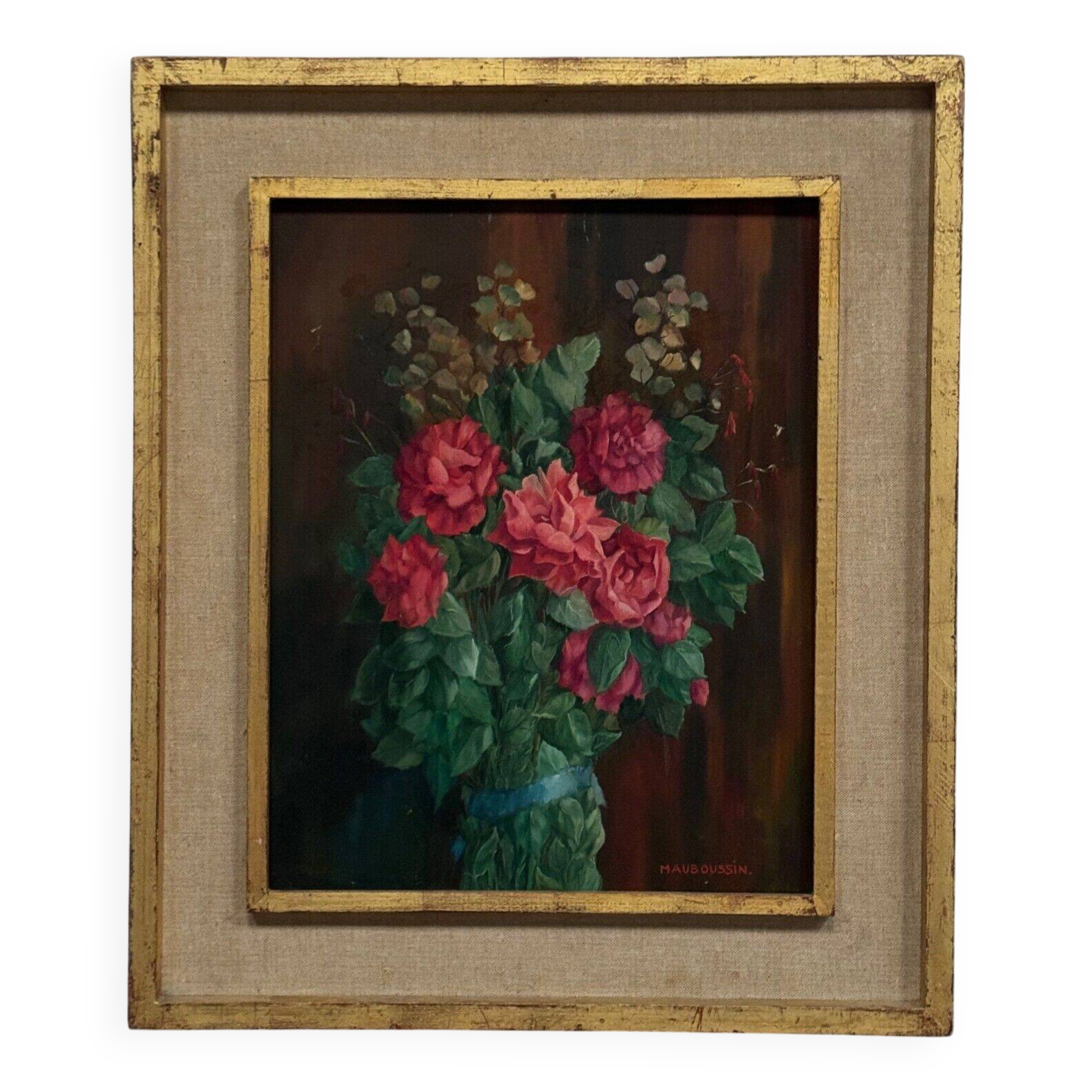 Huile sur bois nature morte bouquet de roses XXe par Mauboussin