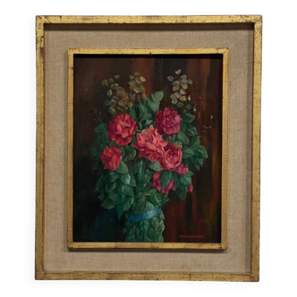 Oil on wood still life bouquet of roses 20th century by Mauboussin