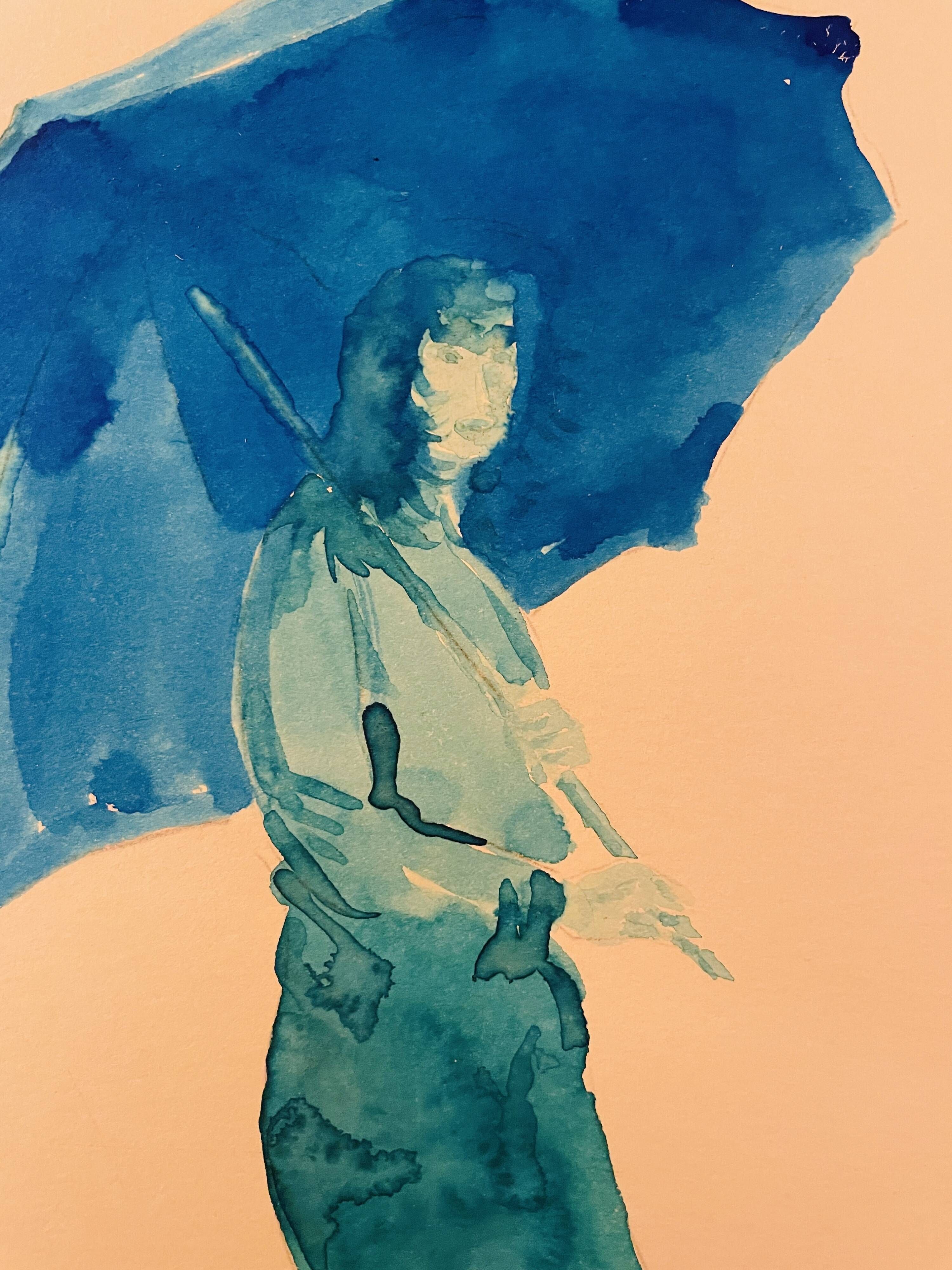 Monochrome blue painting signed female portrait "weekend in Deauville"