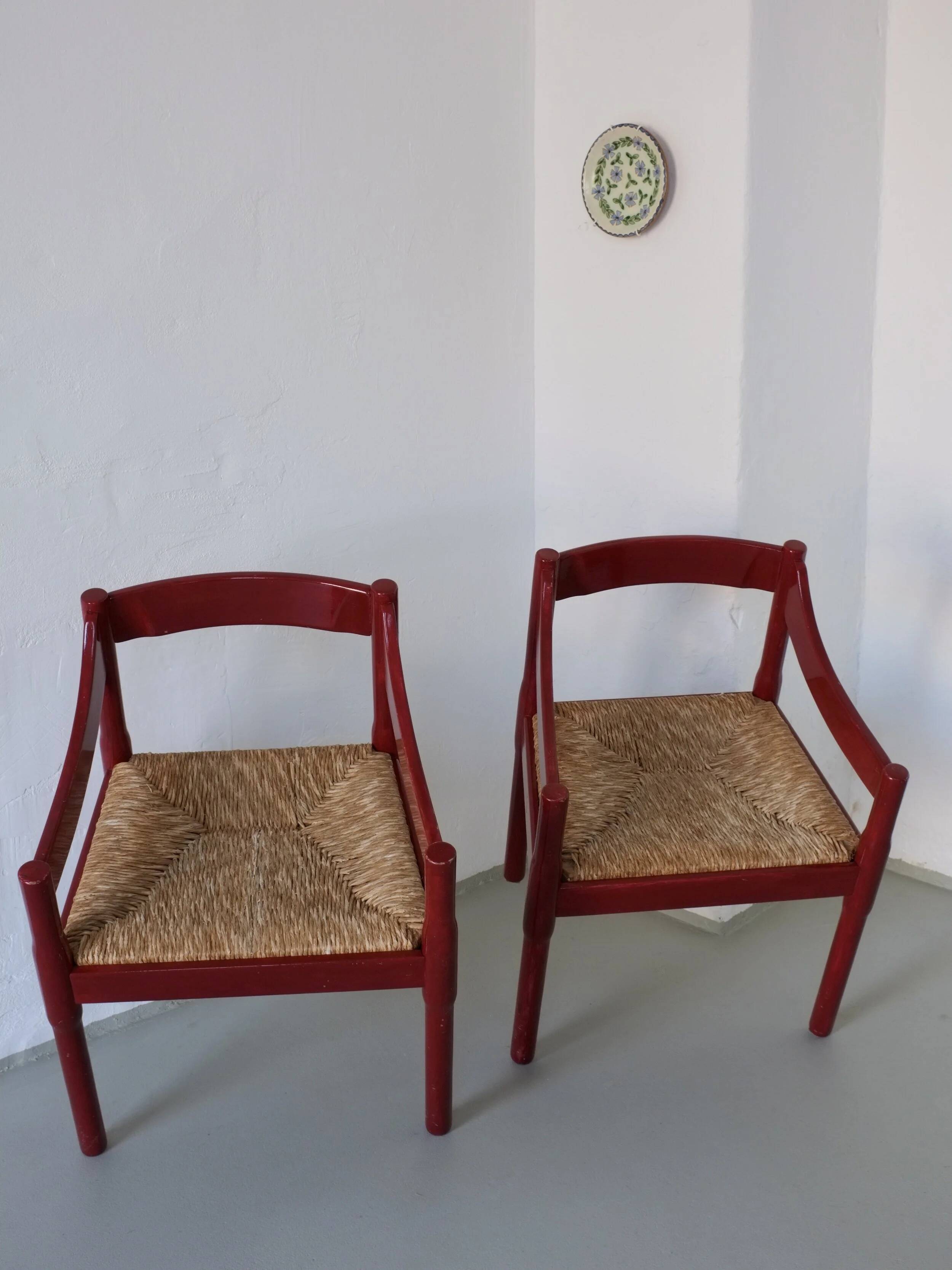 2 red Vico Magistretti “Carimate” style armchairs | Italy | 1970s