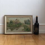 Vintage Original Landscape Oil Painting: Countryside Cottage Art