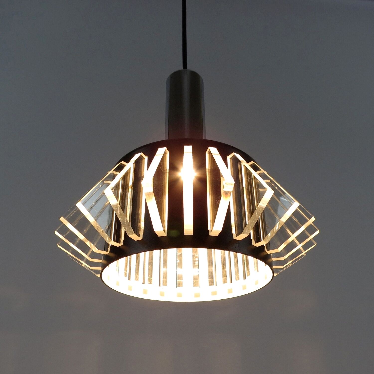 Set of 2 space age lucite and metal pendants, 1970s