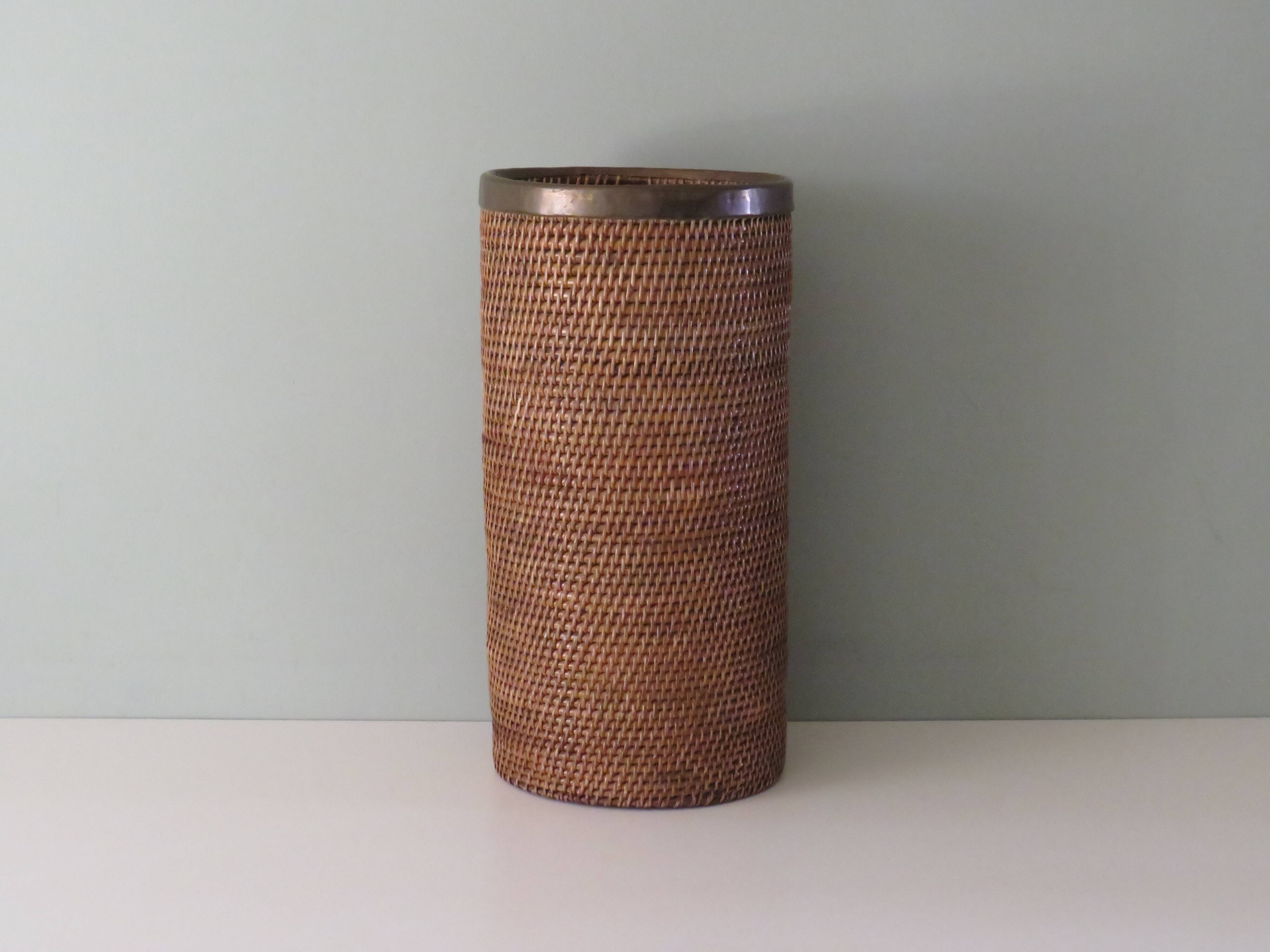 Vintage umbrella holder, rattan and bamboo with brass edge