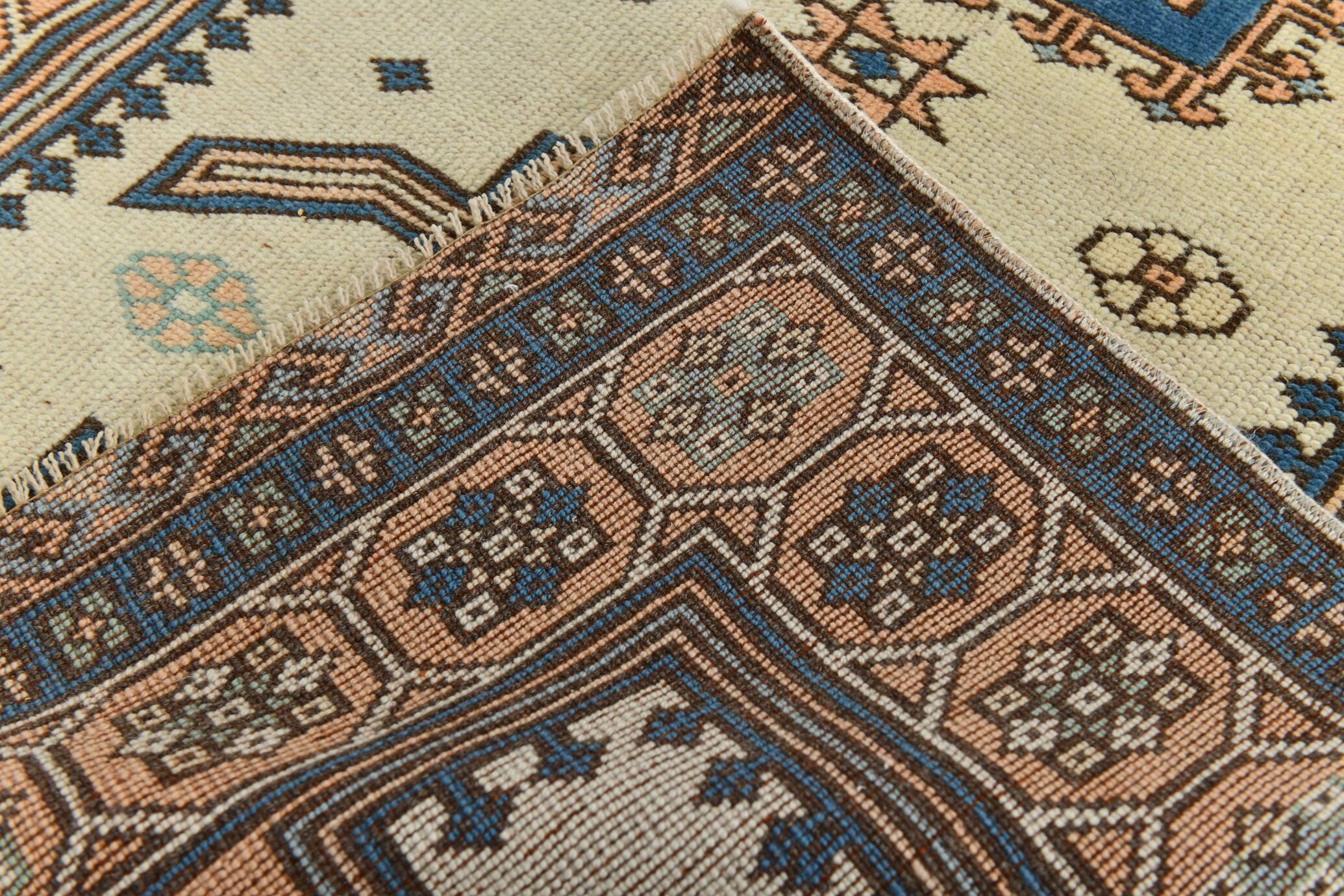 2x11 shades of cream blue oushak runner rug