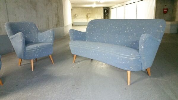 Set canapé et 2 fauteuils vintage années 50/60 organique vintage tissus original