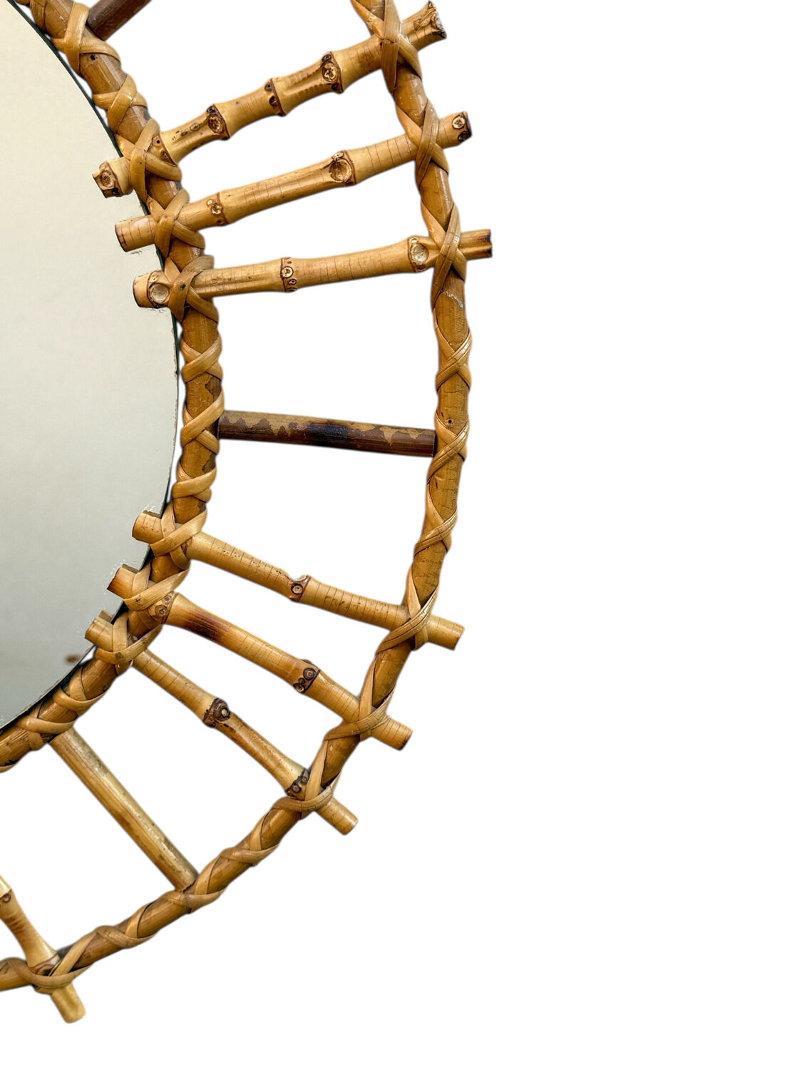 1950s French Rattan Round Mirror