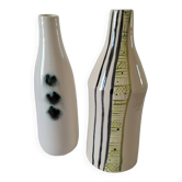 A pair of glazed ceramic vases, pictorial decoration, signed MU.