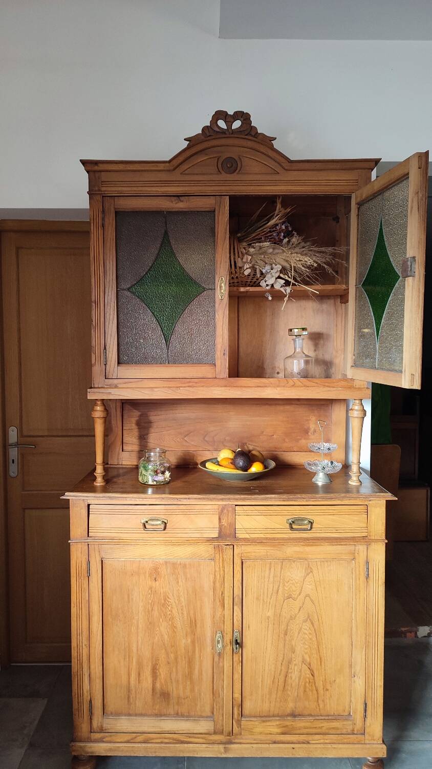 2-part wooden and stained-glass sideboard