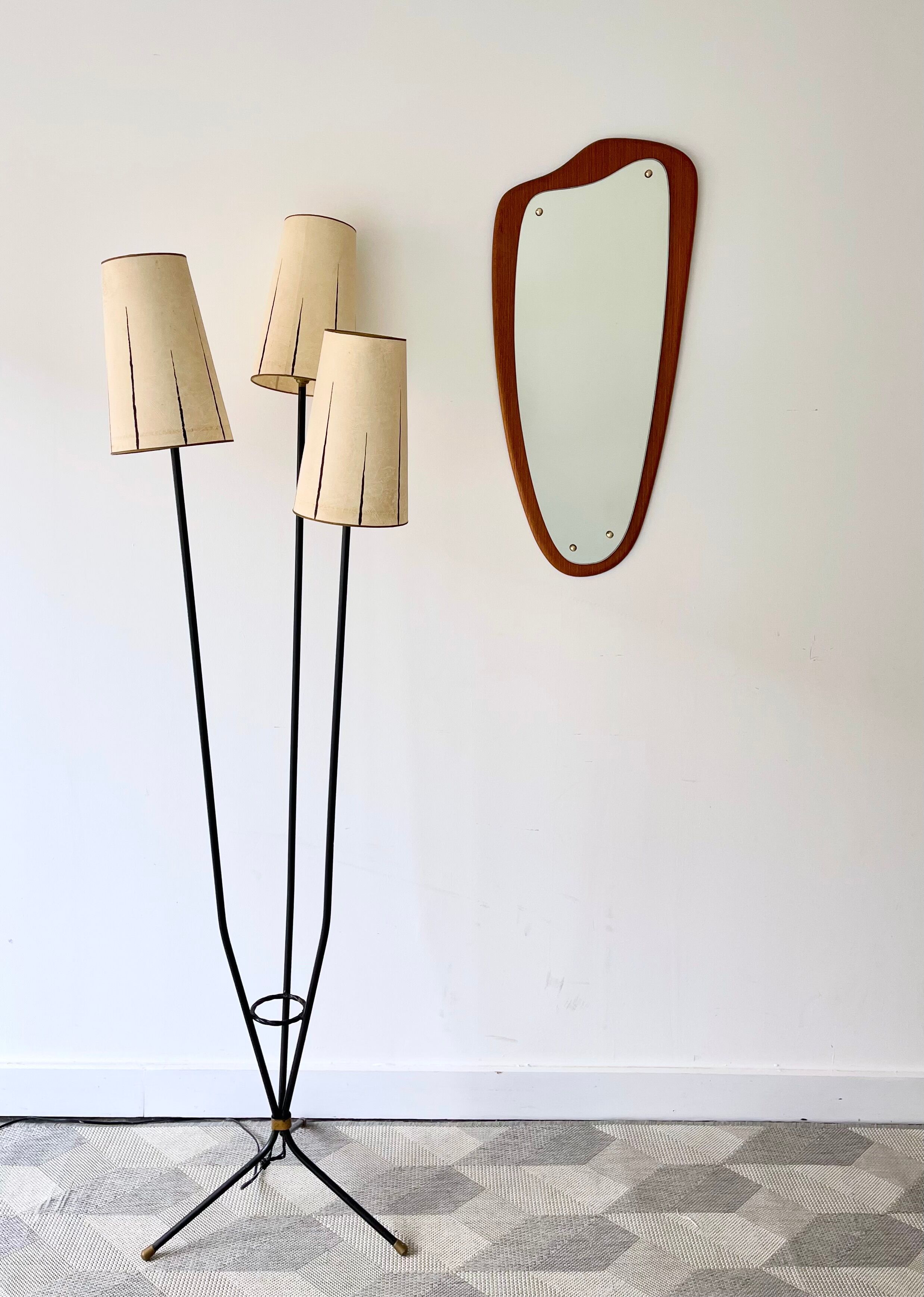 Vintage triangular wall mirror teak frame