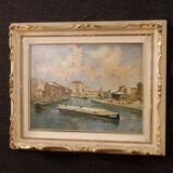 Italian signed landscape painting view of river with boats
