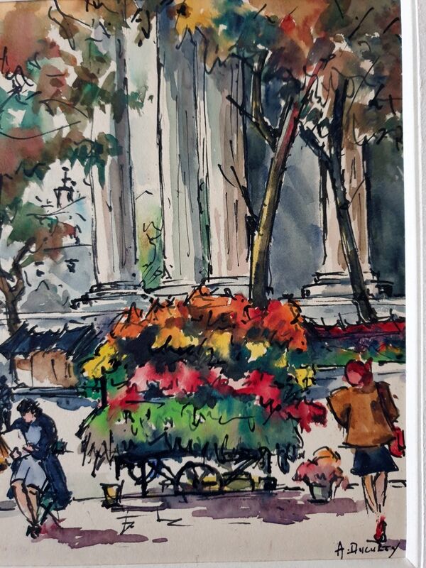 André Duculty (1912-1990) Watercolor on paper "The flower market of the Madeleine in Paris" Signed
