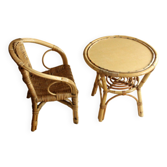 Bamboo and rattan children chair and table as a set, Vintage from the 1970s