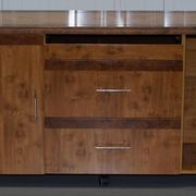 Walnut Burr buffet with drawers and wheels, part of a set.
