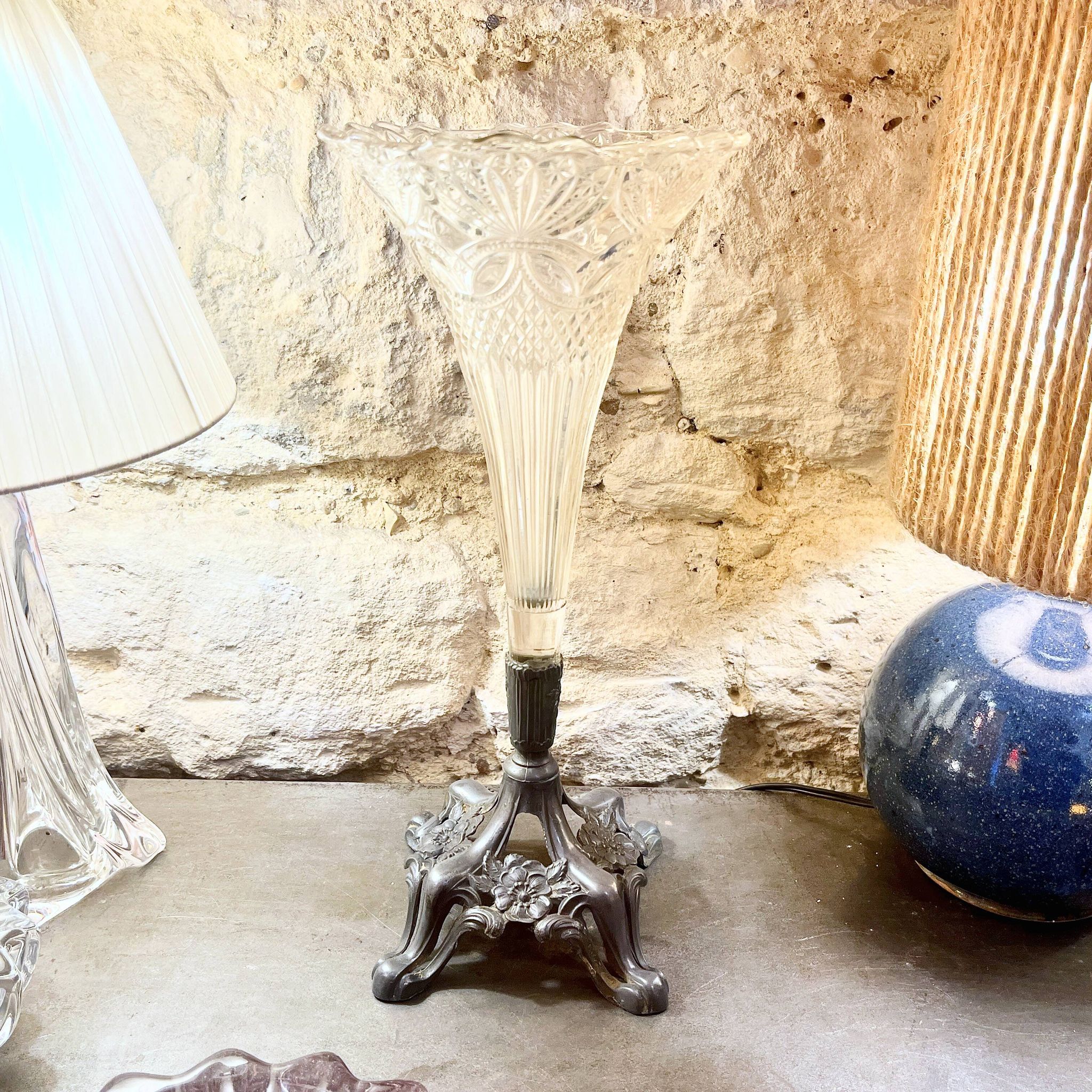 Art Nouveau glass and metal cornet vase with floral motif