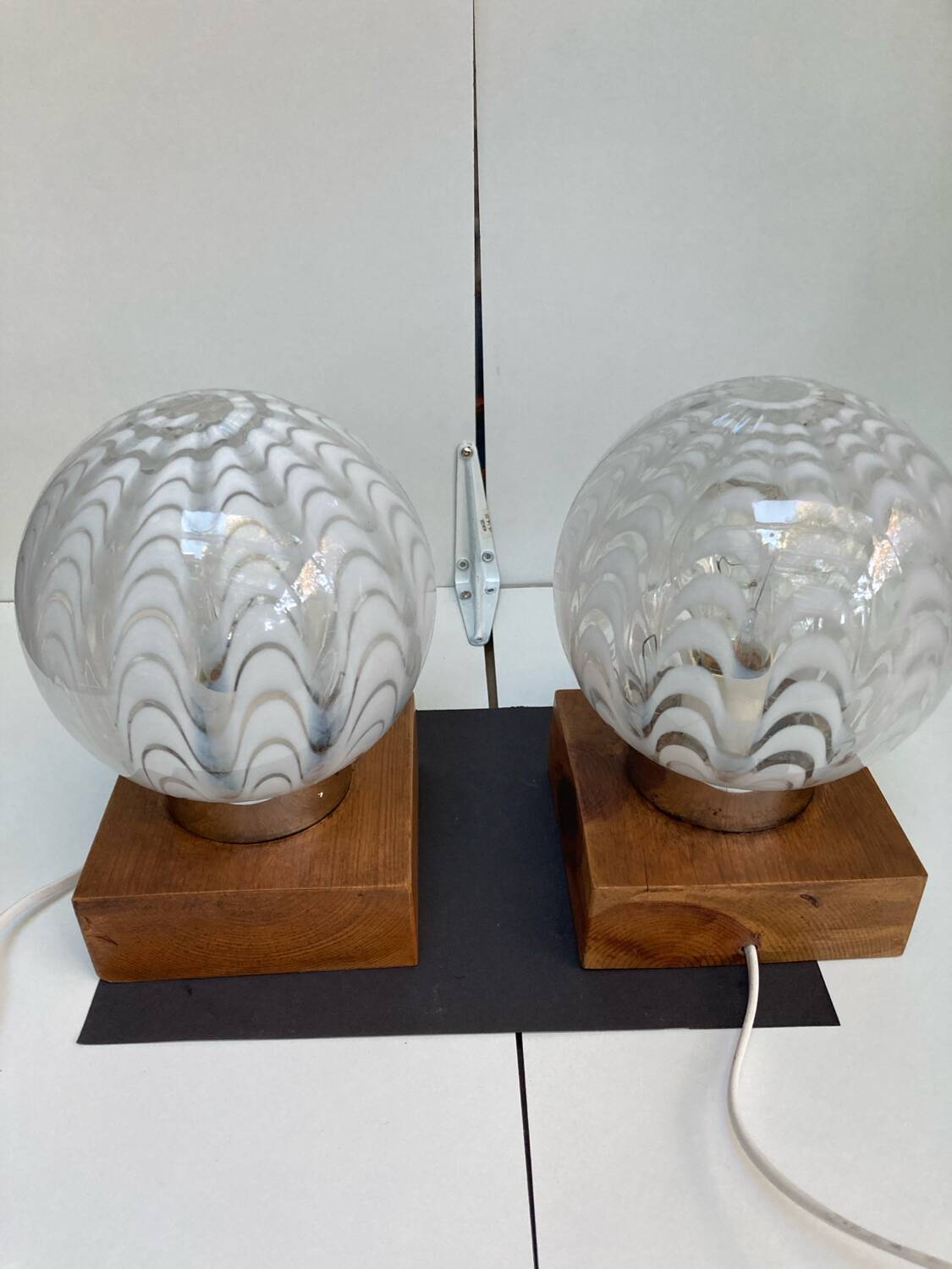 Pair of vintage 80s glass globe table lamps with wooden base