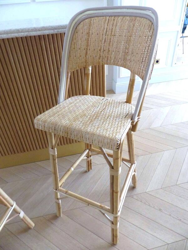 Lot 3 chaises hautes de bistrot Maison Louis Drucker rotin clair de Manille