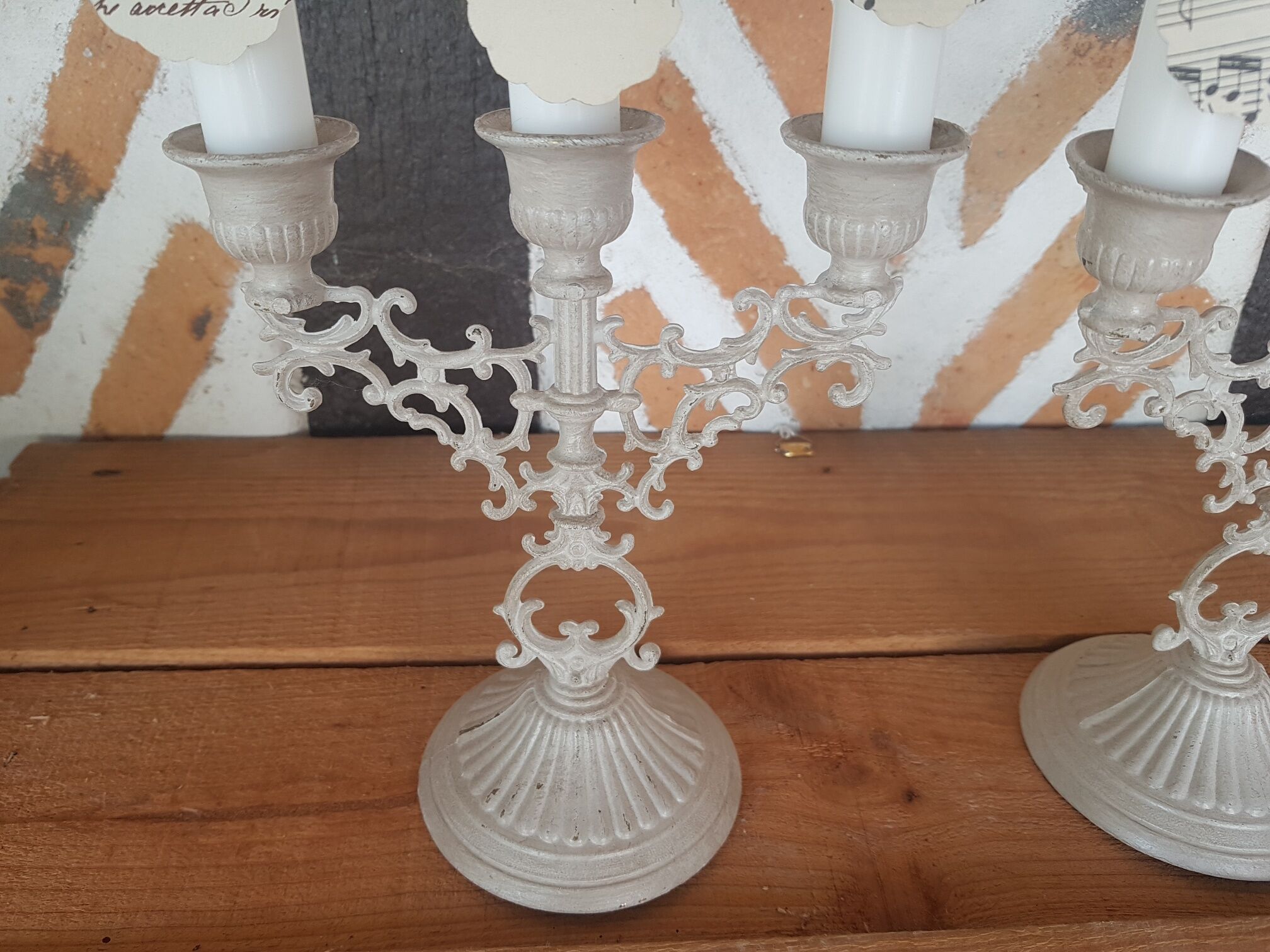 Pair candlesticks candlesticks 3 fires patina linen