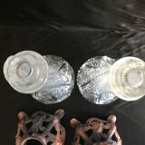 Pair of cone vases in pressed and molded glass, Zamac with 2 patinas
