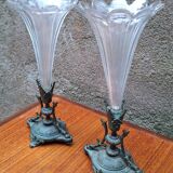 Pair of cornucopia vases in bronze and crystal, 19th century.