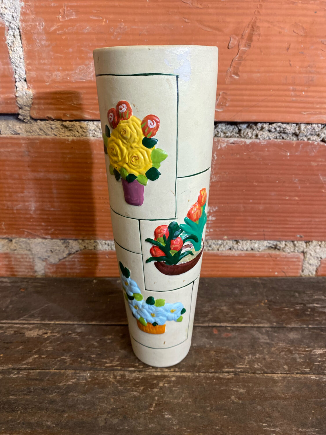 Old Rolled Vase Beige Ceramic Polychrome Flower Decor Vintage #D