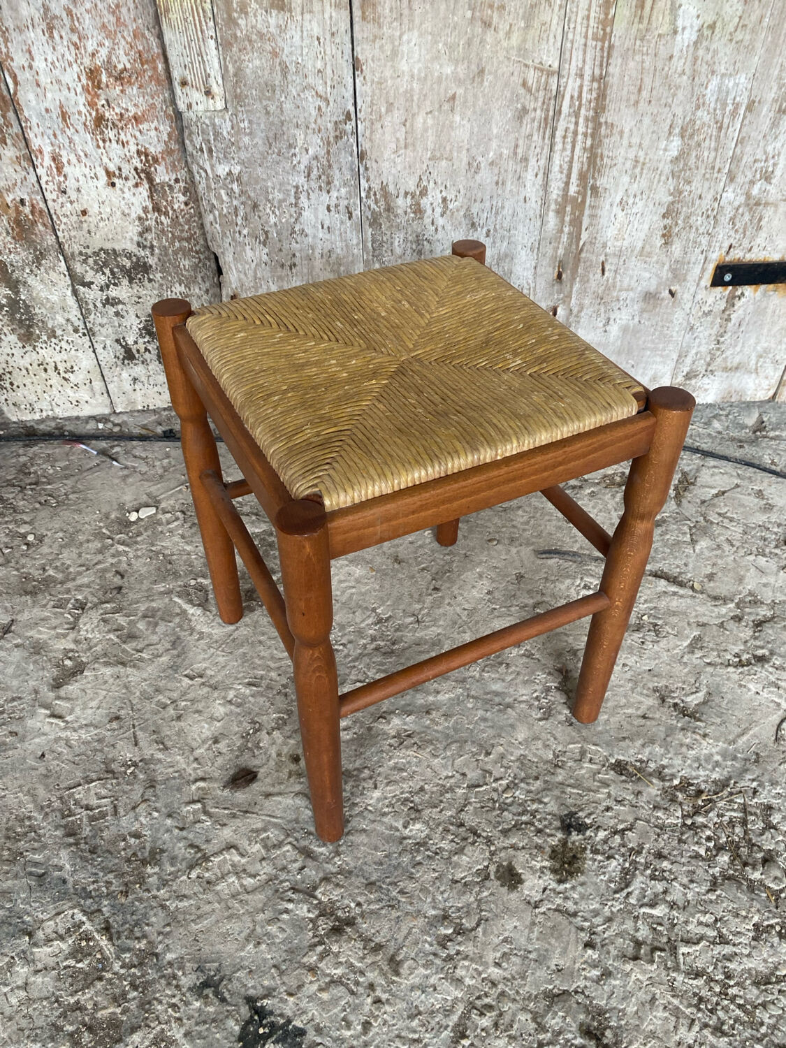Vintage Turned Wooden Stool + Woven Seat #D652