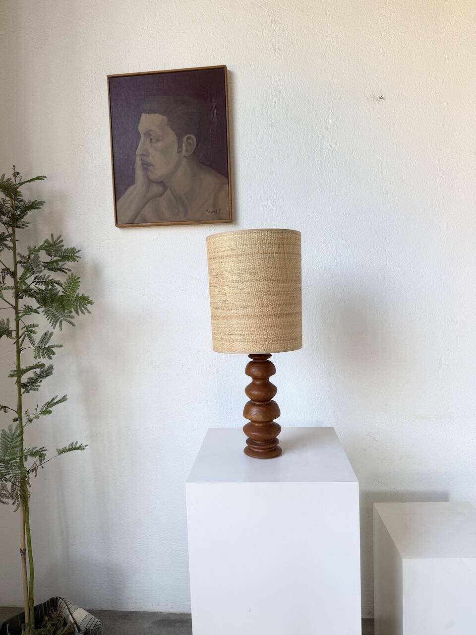 1950s turned oak wood table lamp
