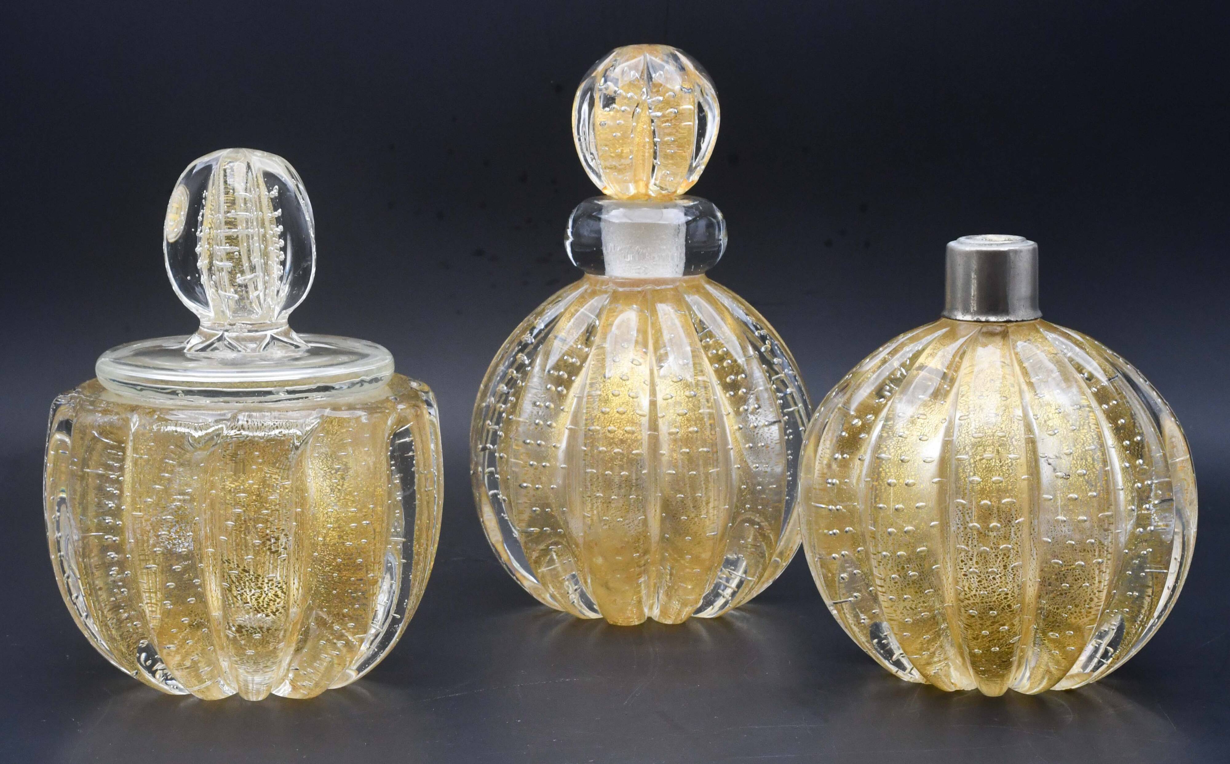 Set of 3 gold Ercole Barovier "Bullicante" Murano glass vases for Barovier & Toso