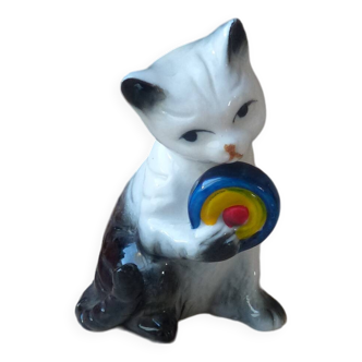 Cute Ceramic Kitten Figurine Playing with Ball Colorful Toy Vintage Collection