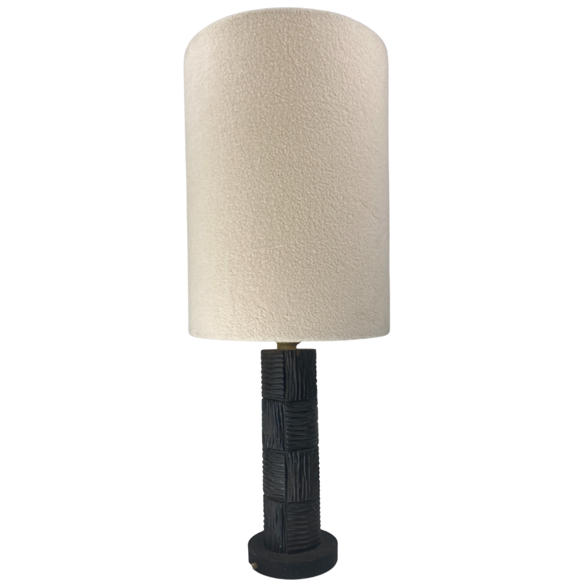 Midcentury brutalist bakelite table lamp, bouclé shade 1960s
