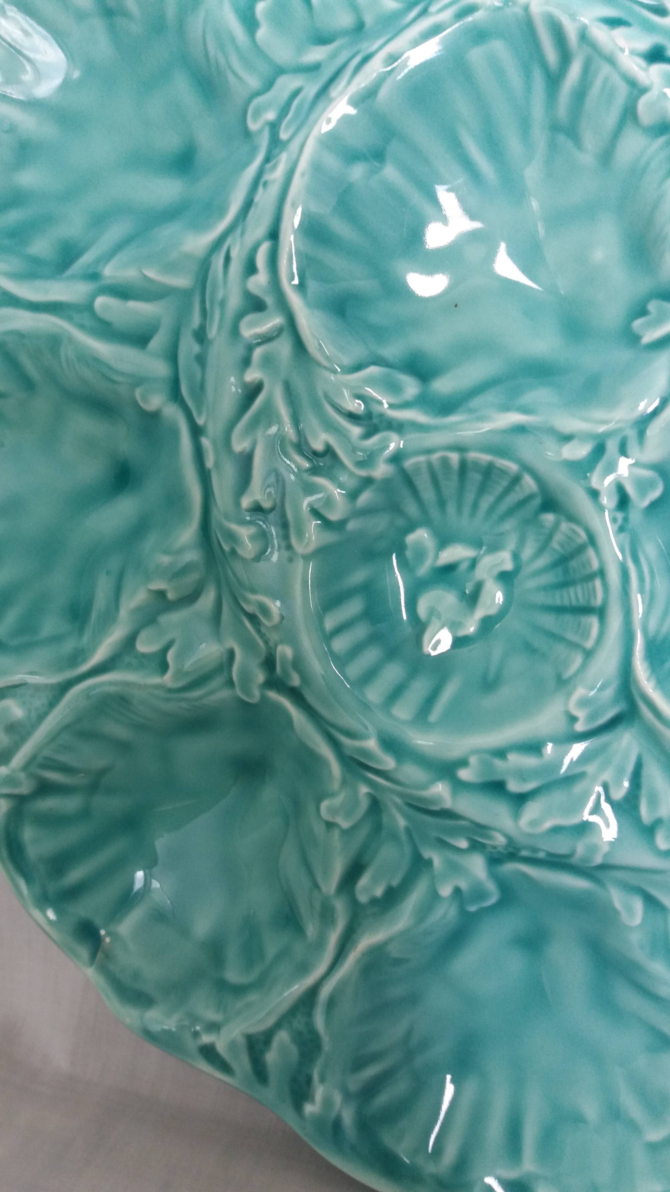 Turquoise barbotine oyster dish Gien France