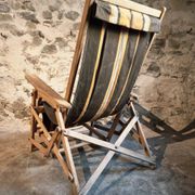 Vintage French folding lounge chair – 1950s/60s in beech with striped canvas, adjustable recliner