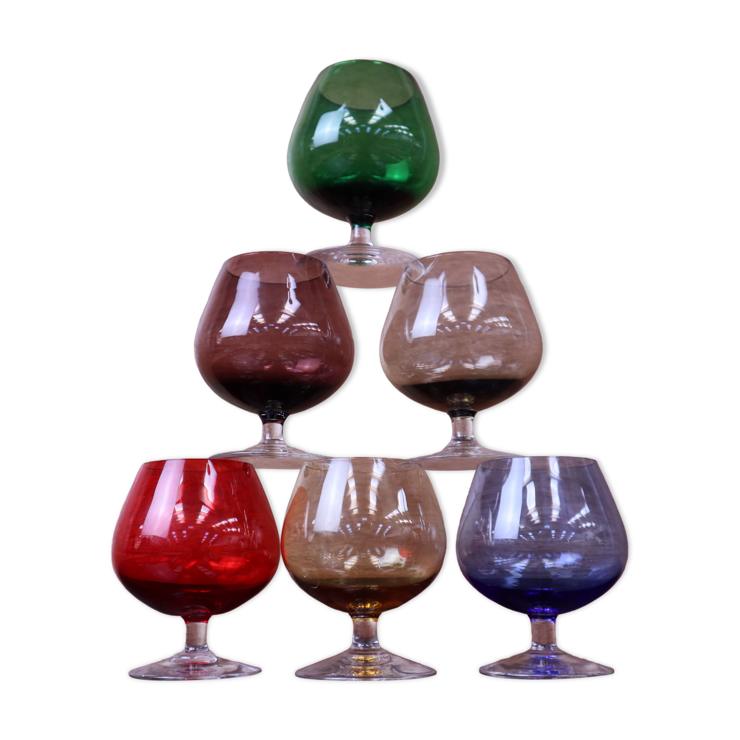 6 vintage coloured cognac glasses