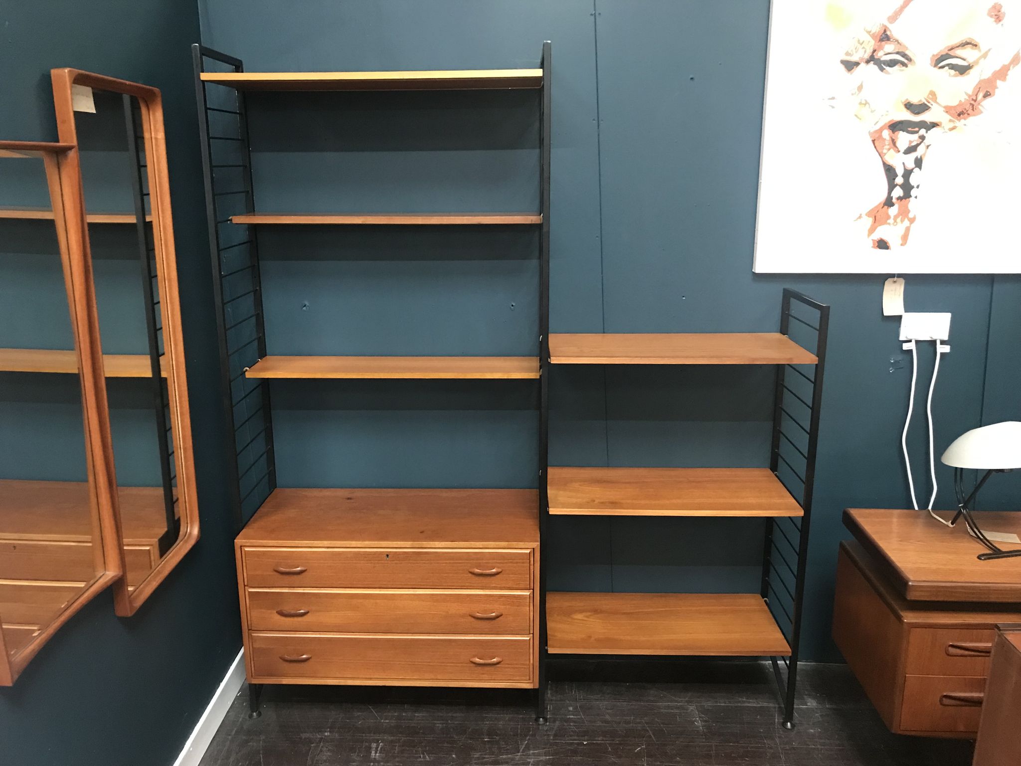 2 bay teak ladderax shelving system by with chest of drawers by staples
