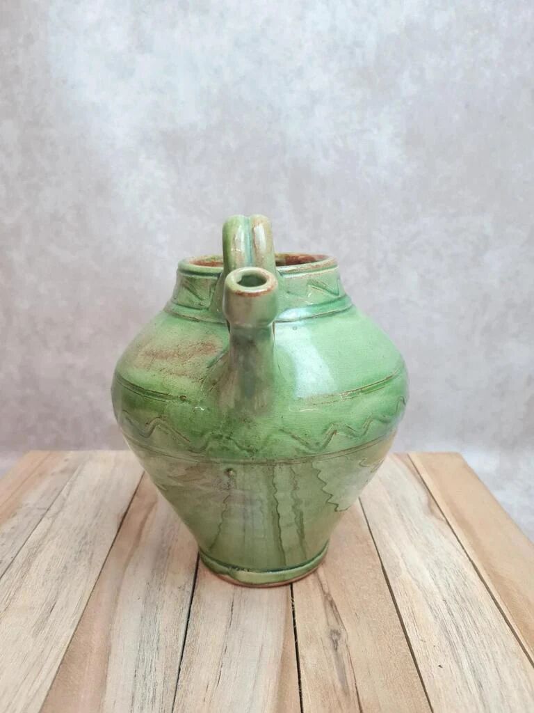 Potiche / cruche en grès vernissé vert – style artisanal vintage