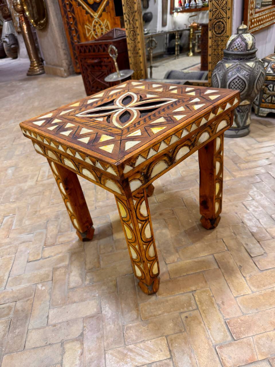 Moroccan camel bone marquetry wooden table for bedroom or living room