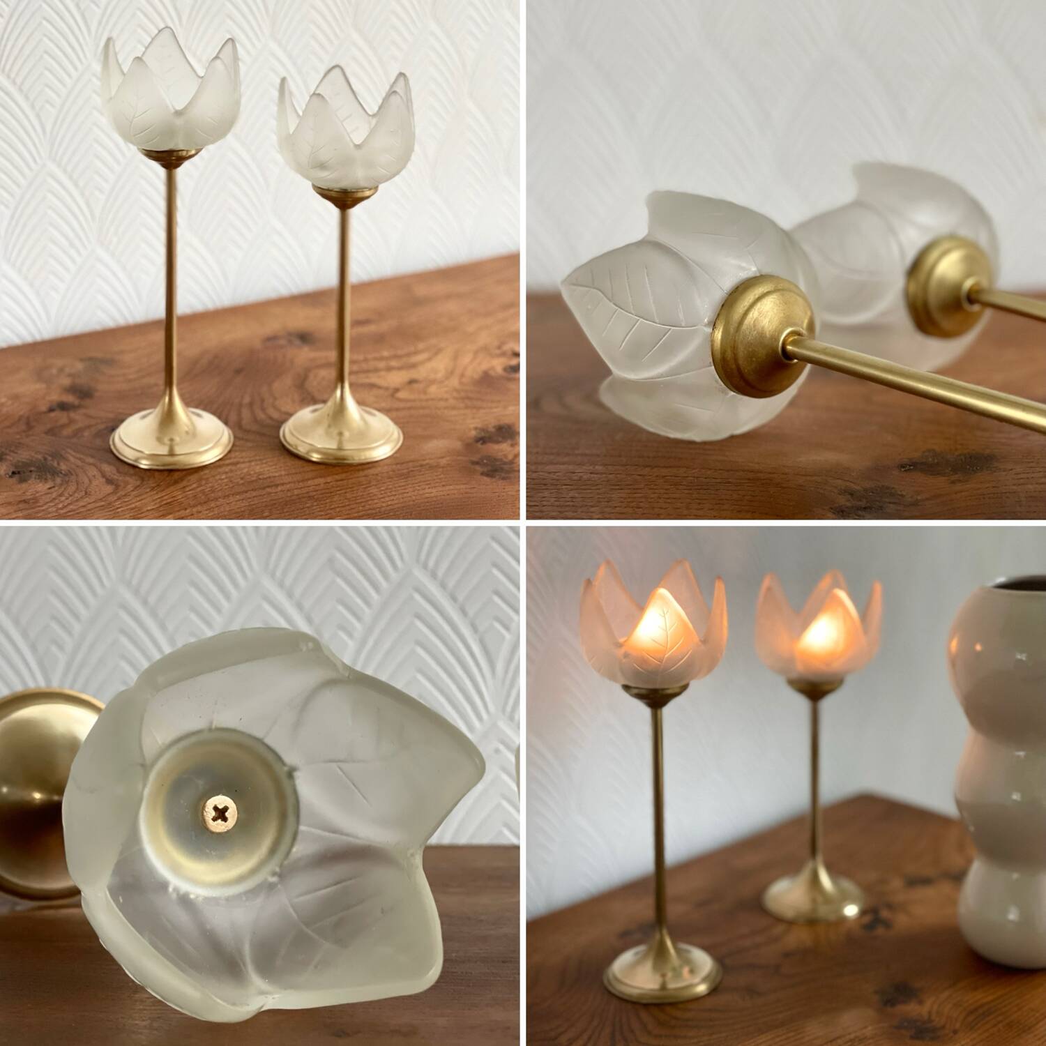 Pair of tulip-shaped candle holders in frosted glass and brass.