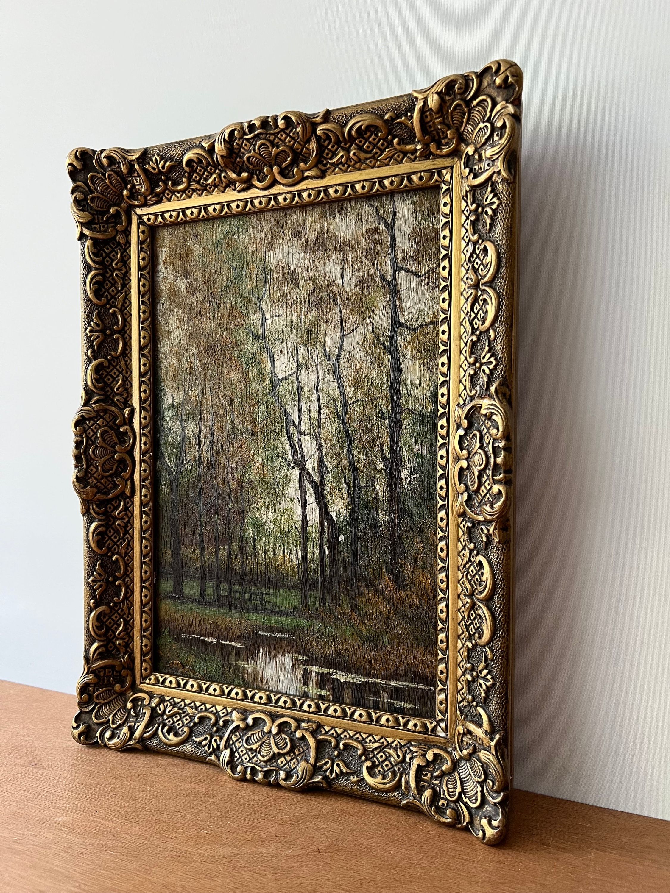 1950s Landscape, Framed Forest Landscape Oil Painting, Forest Oil Painting