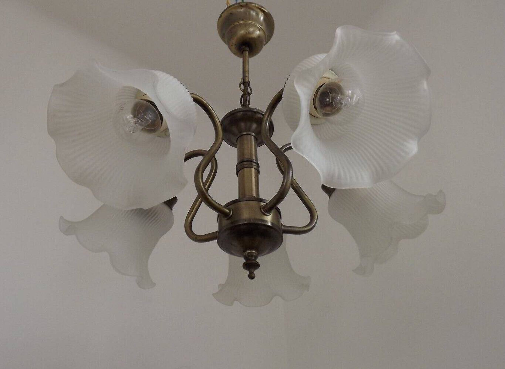 Vintage French 5 Light Silver Metal Chandelier With Patterned Glass Shades 4536